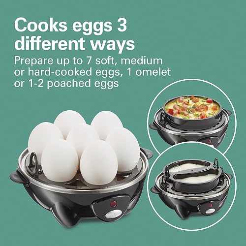 Hamilton Beach - Olla de huevos eléctrica 3 en 1 para huevos duros, huevos furtivos, tortillas y vaporizador de verduras, capacidad para 7, color negro (25507)