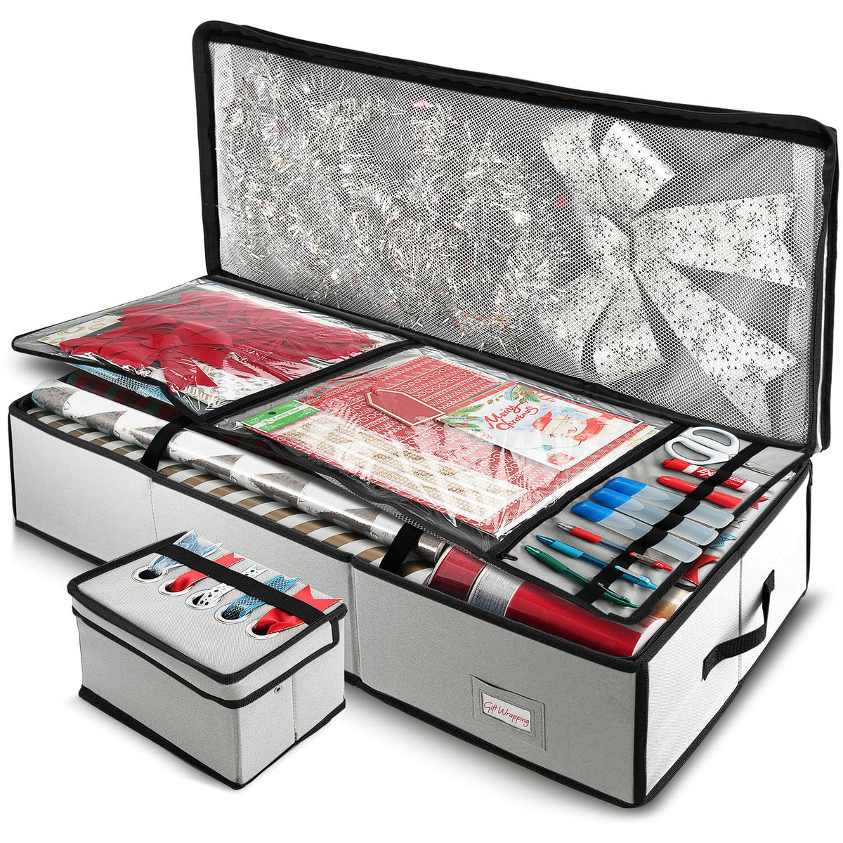 Hearth & Harbor - Contenedor de almacenamiento de papel de regalo con cinta organizador de almacenamiento - Bolsa de almacenamiento de Navidad con bolsillos interiores extras - Organizador de regalo