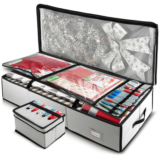 Hearth & Harbor - Contenedor de almacenamiento de papel de regalo con cinta organizador de almacenamiento - Bolsa de almacenamiento de Navidad con bolsillos interiores extras - Organizador de regalo