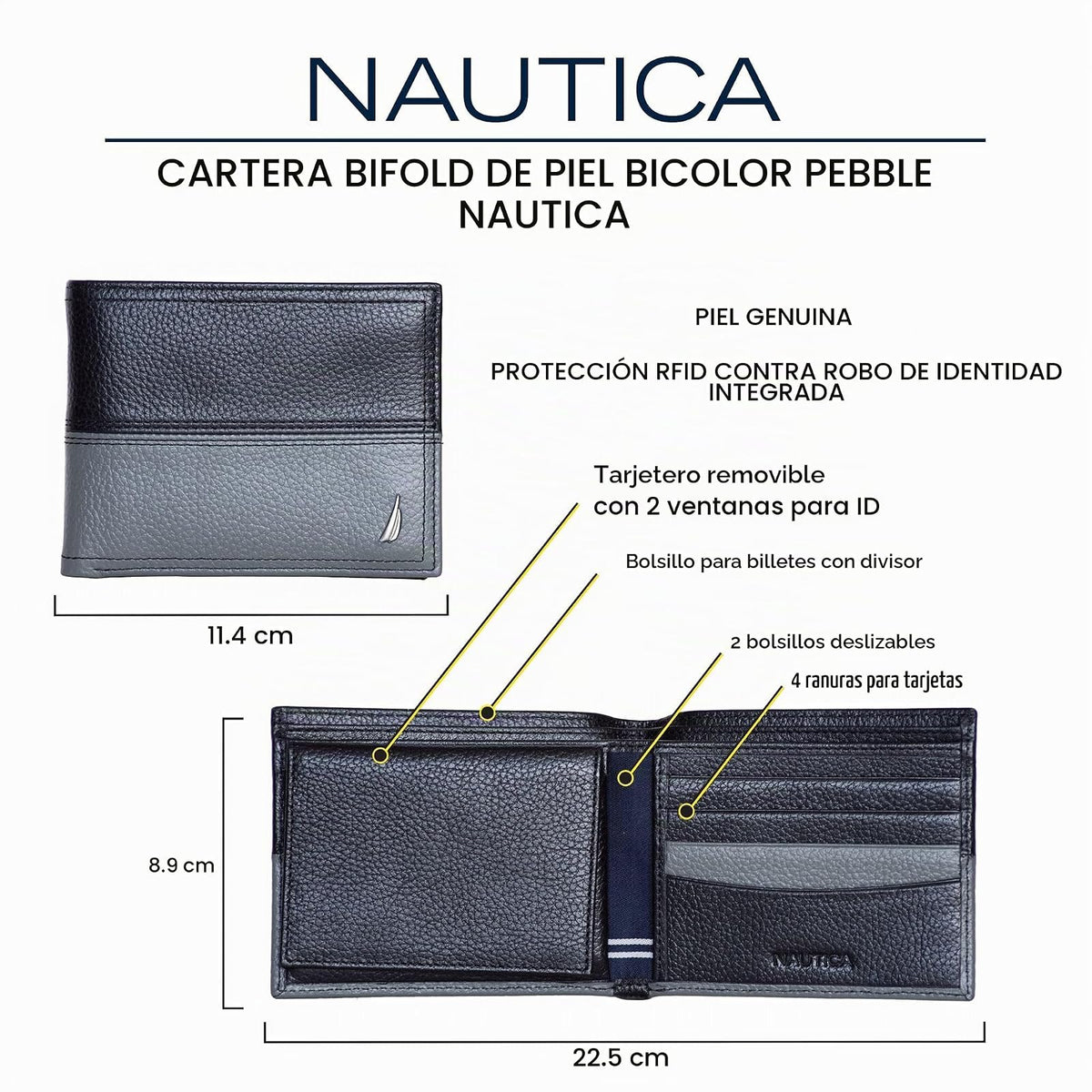 Nautica Pebble portafolios de piel bicolor