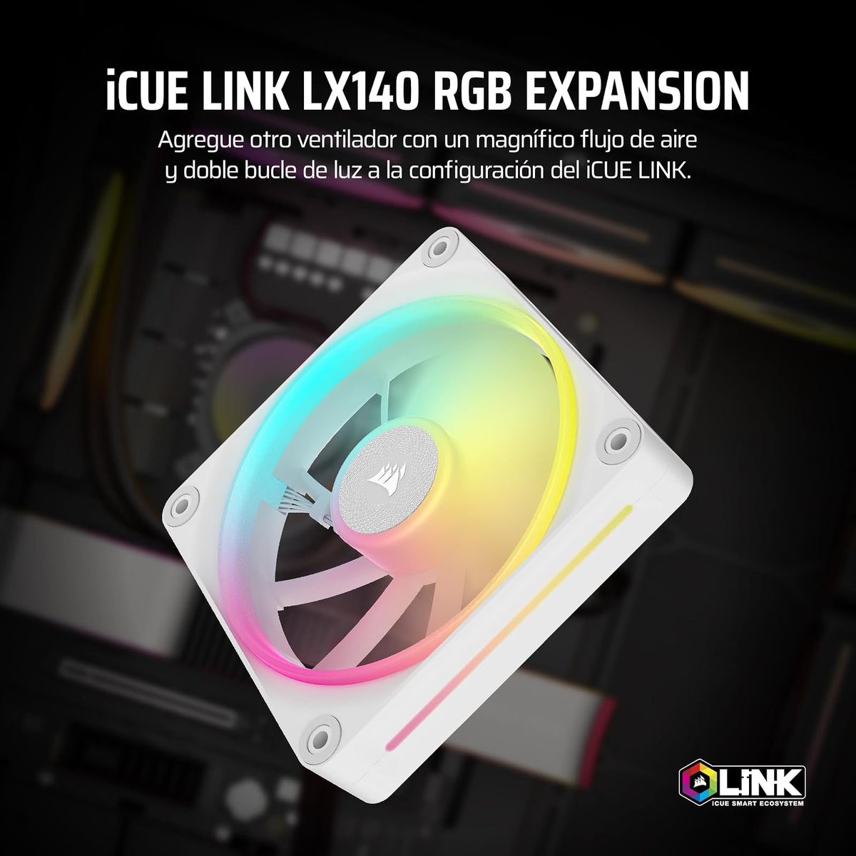 Corsair iCUE Link LX140 RGB Ventilador PWM de 140 mm, Paquete Individual, Doble luz de Bucle – Requiere iCUE Link System Hub (se Vende por Separado) – Tecnología Corsair AirGuide – Blanco