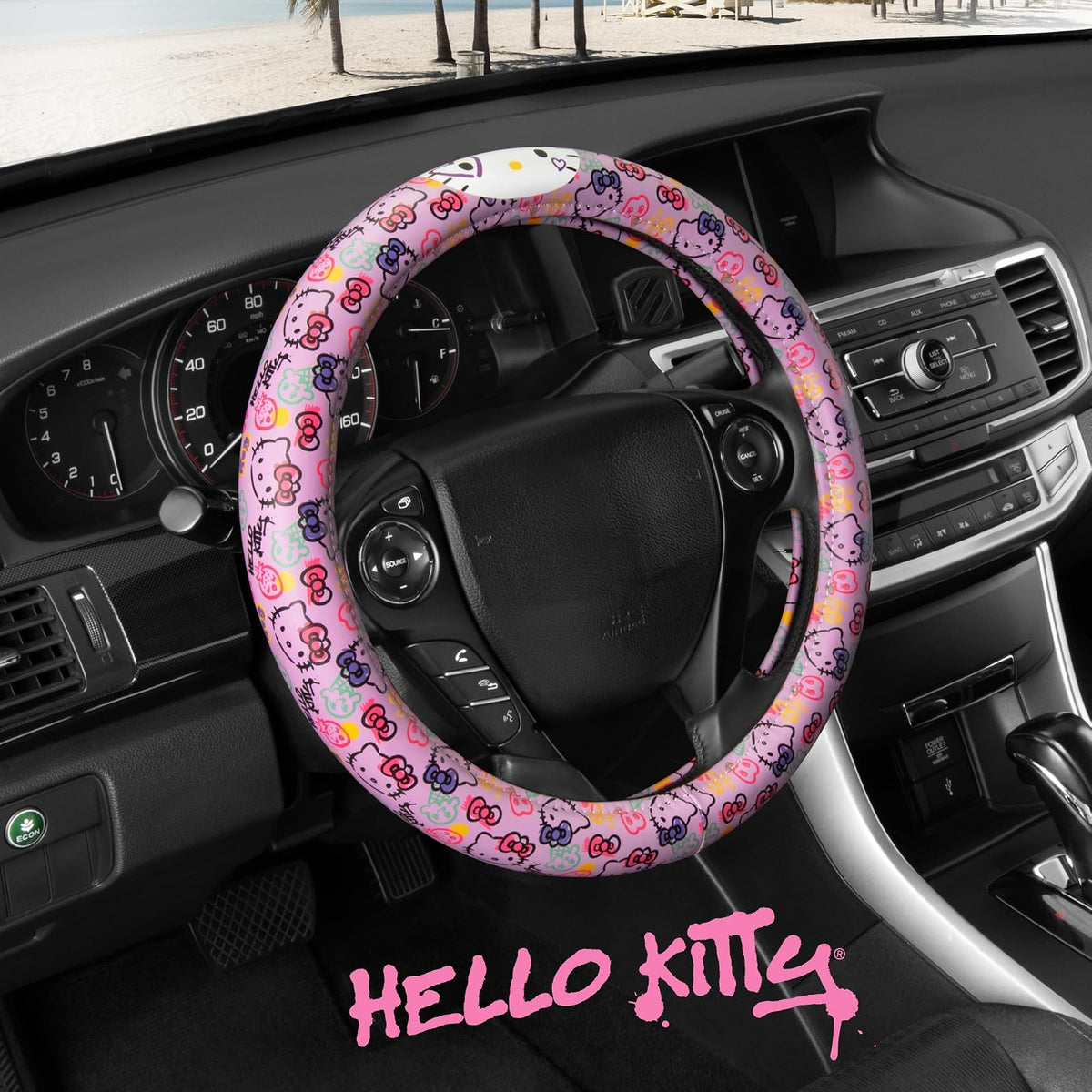 Carbella Hello Kitty - Funda Oficial para Volante de Automóvil Sanrio con tamaño Universal 14.5-15.5, Bonita Funda para Volante para Mujer, Accesorios de Automóvil Hello Kitty (impresión de Lavanda)