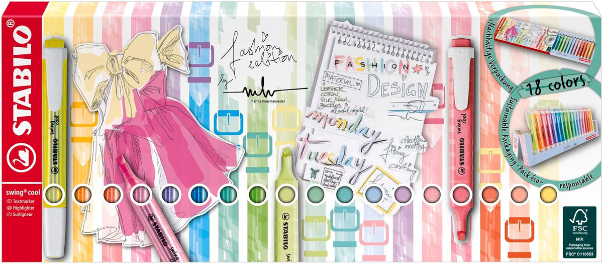 STABILO swing cool, estuche con 18 marcatextos surtidos 8 neón y 10 pastel | Juego de computadora 18er, Leucht, colores pastel