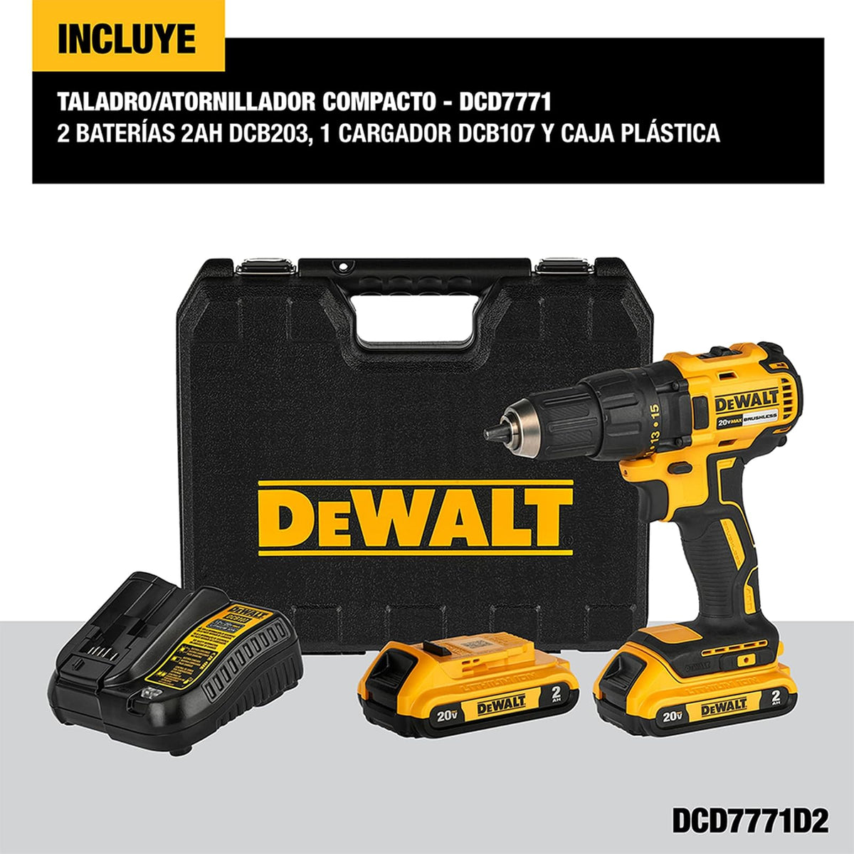 DEWALT Taladro Atornillador 1/2" 20V con Caja de Herramientas, DCD7771D2 | Taladro Atornillador de 1/2" (13mm), Incluye Caja para Herramientas, 20V