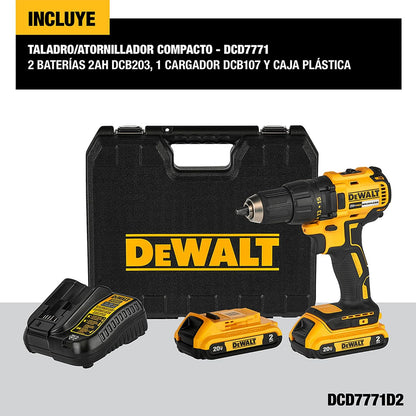 DEWALT Taladro Atornillador 1/2" 20V con Caja de Herramientas, DCD7771D2 | Taladro Atornillador de 1/2" (13mm), Incluye Caja para Herramientas, 20V