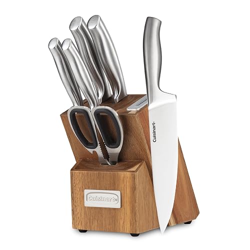 Cuisinart Bloque de madera Cuchillos 7 pzs Acero Inoxidable Afilador | Bloque de cuchillos 7 pzs con bloque con afilador incorporado y tijeras,Cuchillos con acabado satinado y mate