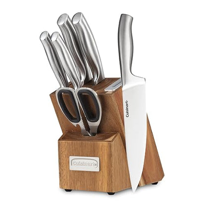 Cuisinart Bloque de madera Cuchillos 7 pzs Acero Inoxidable Afilador | Bloque de cuchillos 7 pzs con bloque con afilador incorporado y tijeras,Cuchillos con acabado satinado y mate