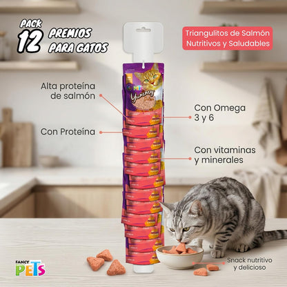 Fancy Pets Yummy Delice Premios para Gatos 12 Pack, Triangulitos de Salmón Nutritivos y Saludables