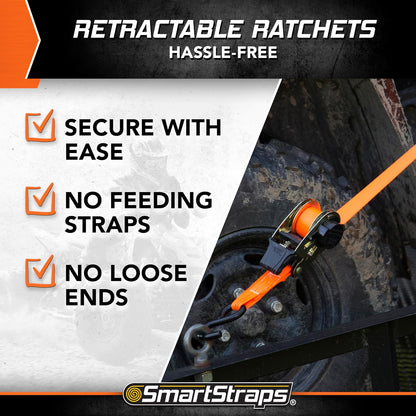 SMARTSTRAPS Correas de carraca retráctiles de 10 pies, Paquete de 2 – Resistencia a la Rotura de 3 Libras, Carga de Trabajo Segura de 1 Libra, Transporte de Motocicletas, Barcos y electrodomésticos