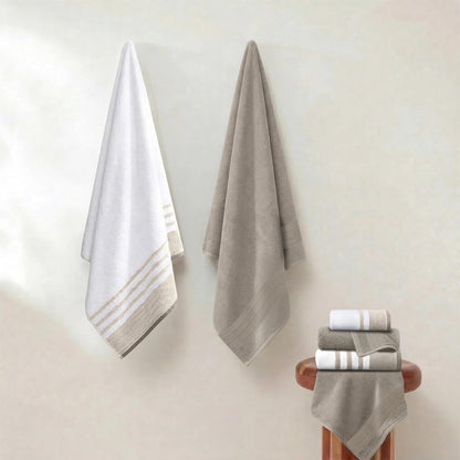 Modern Threads - Juego de 6 Piezas, 2 Toallas de baño, 2 Toallas de Mano, 2 Toallas, Secado rápido, Color Blanco y Contraste, Color café