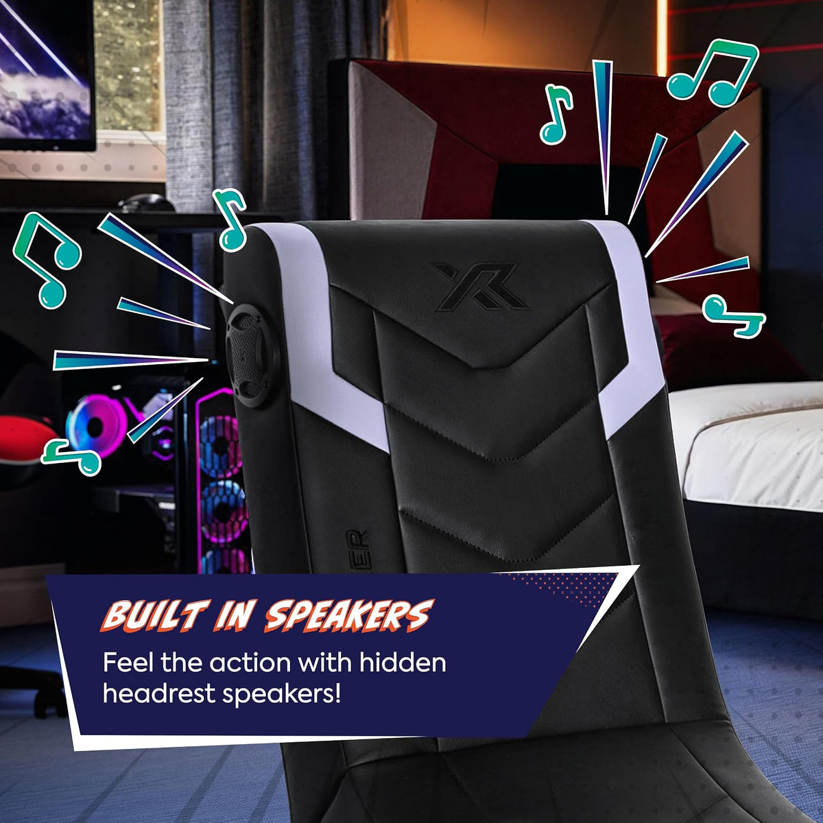 X Rocker Eclipse - Silla de Piso para Videojuegos con Altavoces incorporados, Bluetooth inalámbrico, Plegable, Piel Vegano, 300 Libras máximo, Exclusivo de , Negro y Plateado