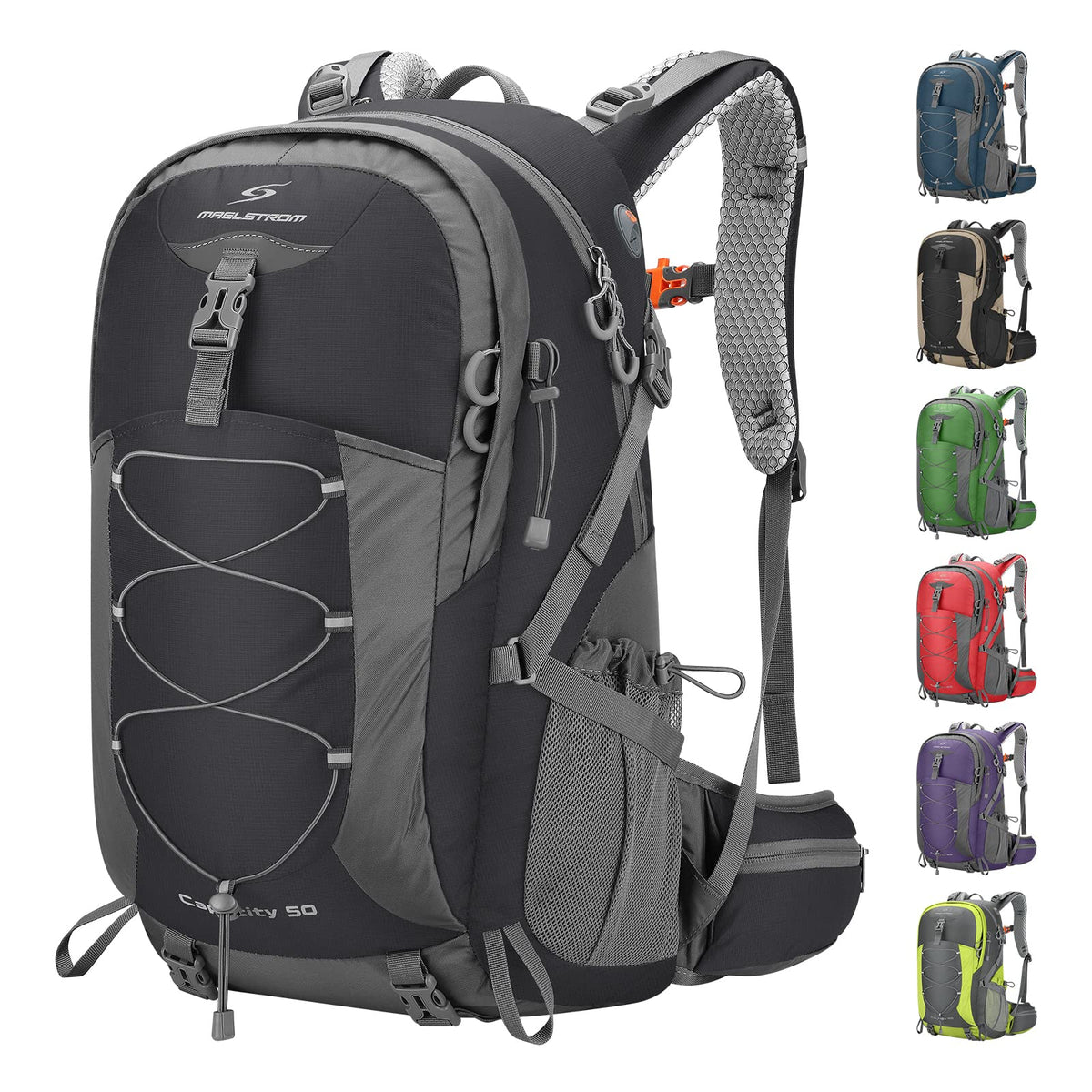 Maelstrom Mochila Senderismo Liviana, Mochila Camping con Cubierta Lluvia | Nailon anti desgarro agua, separación seco húmedo, bolsillos, silbato emergencia. Ideal hombre, mujer, senderismo - 40 L - Negro