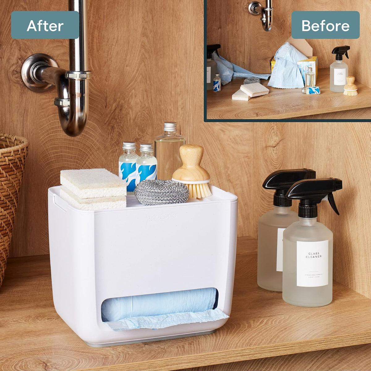 YouCopia SinkSuite - Dispensador de bolsas de basura, organizador de bolsas de basura de pie con tapa extraíble y cuna para almacenamiento, color blanco moteado