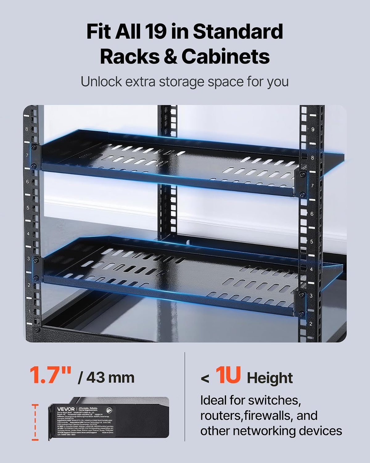 VEVOR Estante para Rack de Servidor de 1U, 4 Unidades, Capacidad de Carga Máxima de 22,68 kg, Ventilación en Voladizo, 25,4 cm de Profundidad, para Equipos de Red Informática con Gabinete de 48,26 cm