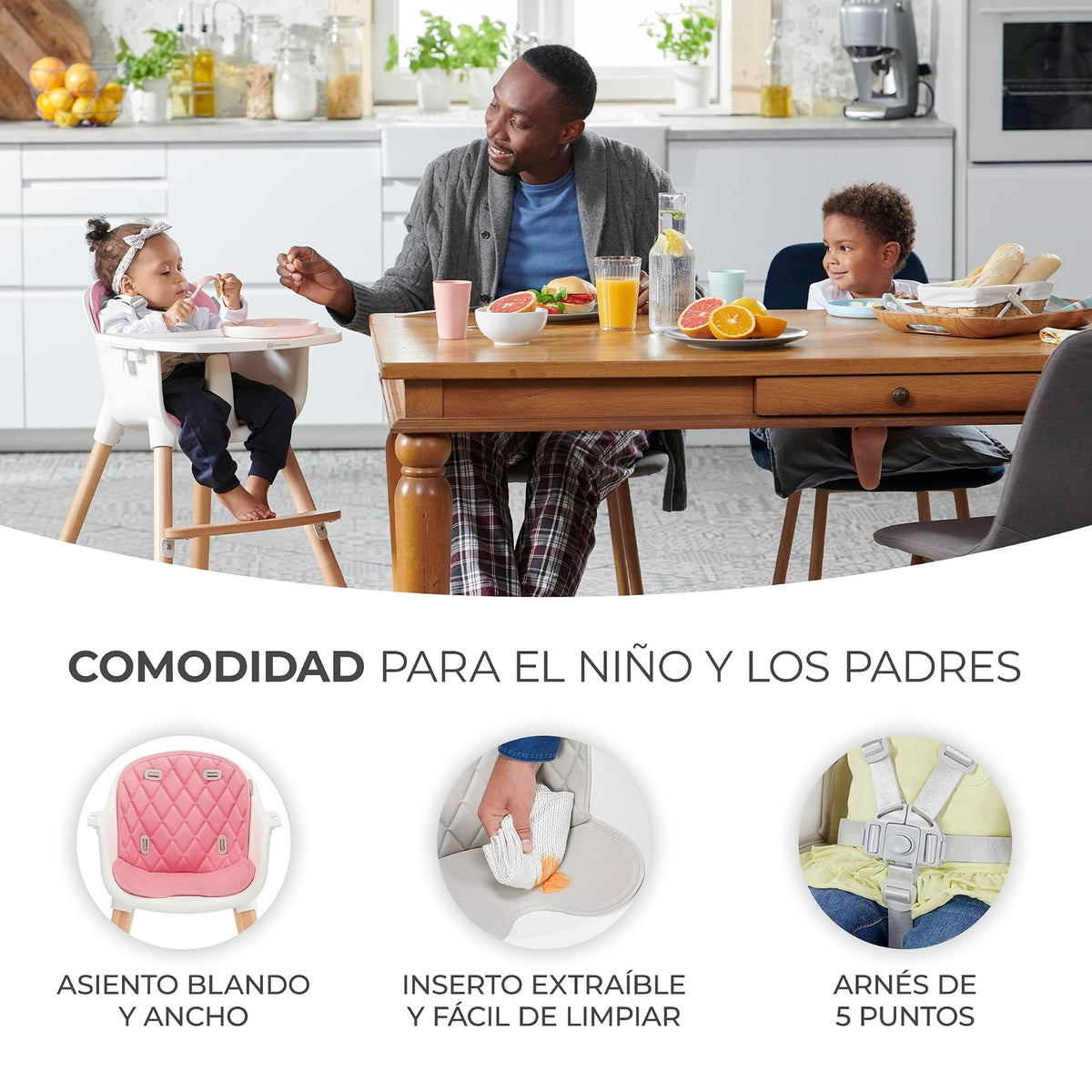 Kinderkraft SIENNA Silla alta, Periquera, Trona bebé, Portatil, Ergonómica, Fácil de limpiar, Patas de Madera, Bandeja Extraíble, para niños, 6 Meses - 5 años, Rosa