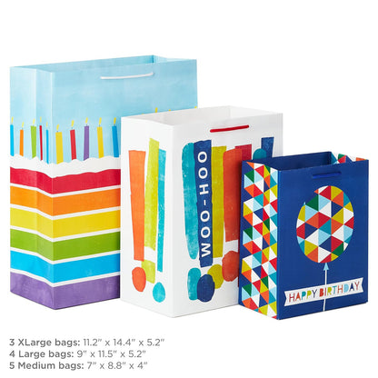 Hallmark Bolsas de regalo en varios tamaños (paquete de 12 a 5 medianas, 8 pulgadas, 4 grandes 11 pulgadas, 3 extra grandes 14 pulgadas) para cumpleaños, día de la madre, graduaciones, baby showers