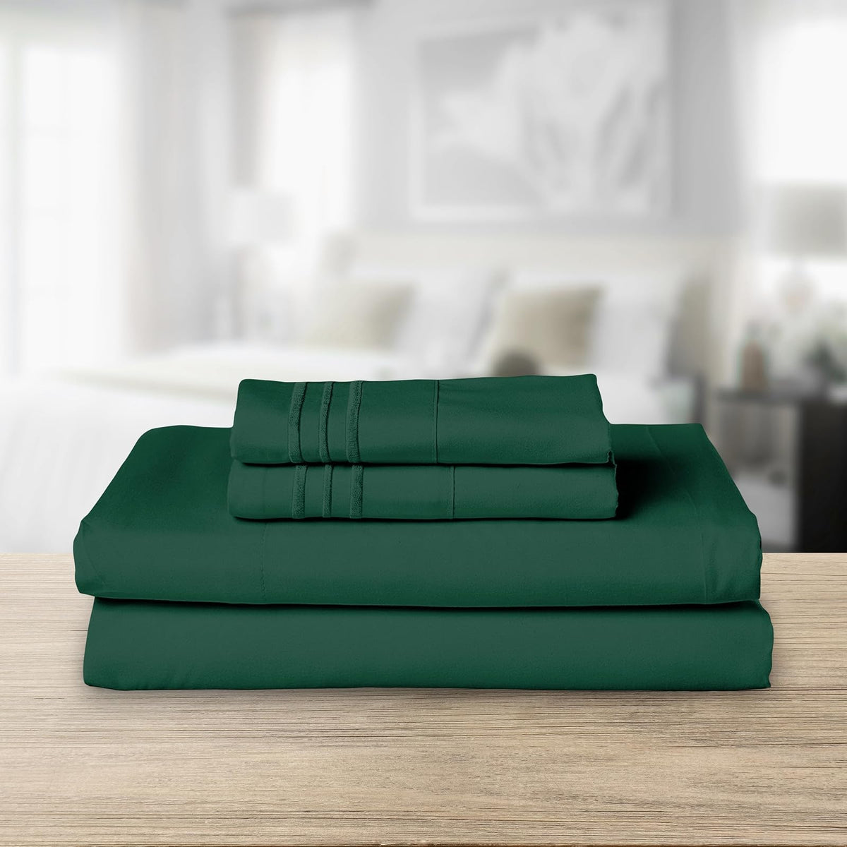 Elegant Comfort Luxurious 1500 Premium Hotel Quality Microfiber Three Line Embroidered Softest 4-Piece Bed Sheet Set, Wrinkle and Fade Resistant, California King, Hunter Green
