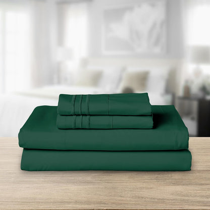 Elegant Comfort Luxurious 1500 Premium Hotel Quality Microfiber Three Line Embroidered Softest 4-Piece Bed Sheet Set, Wrinkle and Fade Resistant, California King, Hunter Green