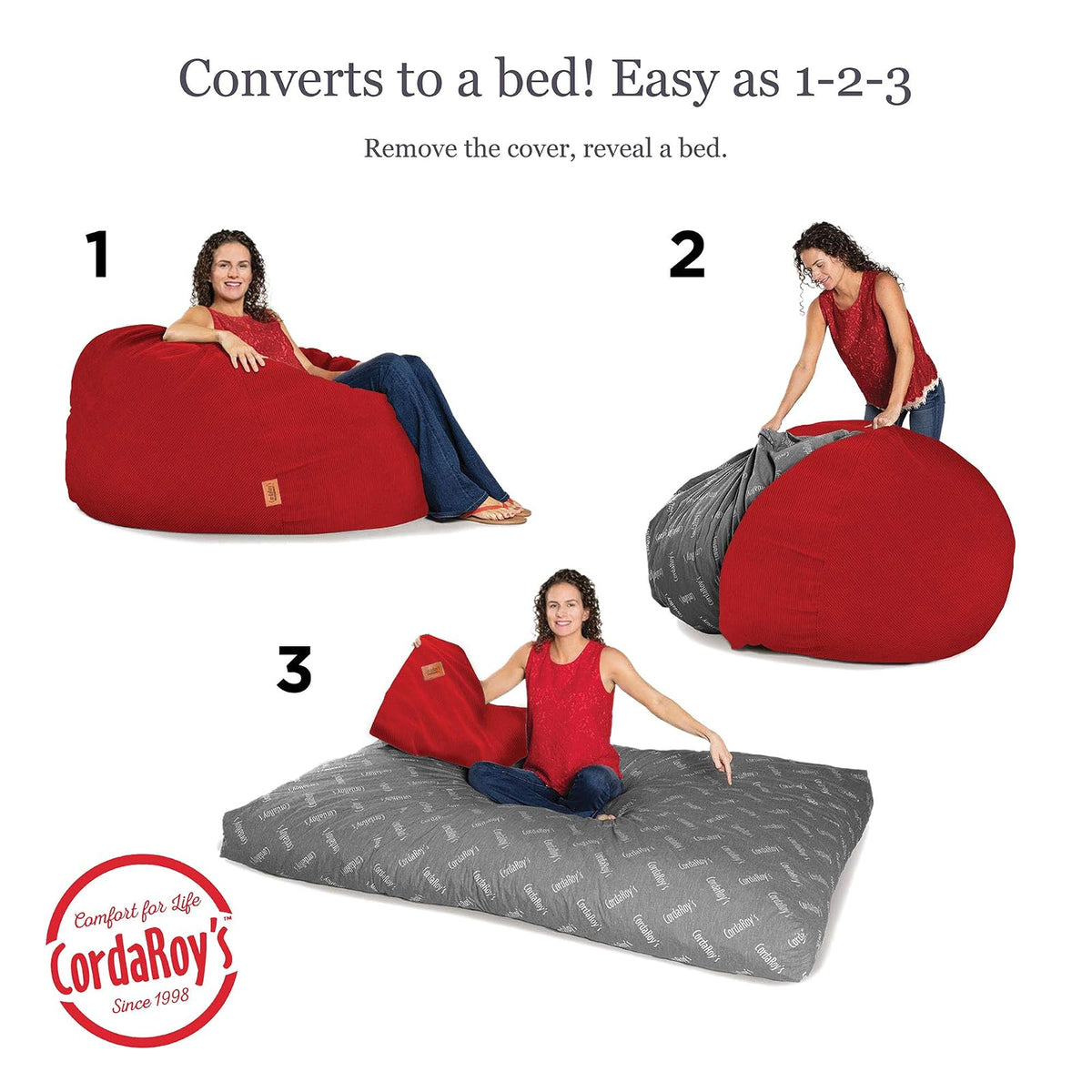 CordaRoy's Bean Bag Chair, Corduroy Convertible Chair Folds from Bean Bag to Bed, As Seen on Shark Tank - Red, Full Size