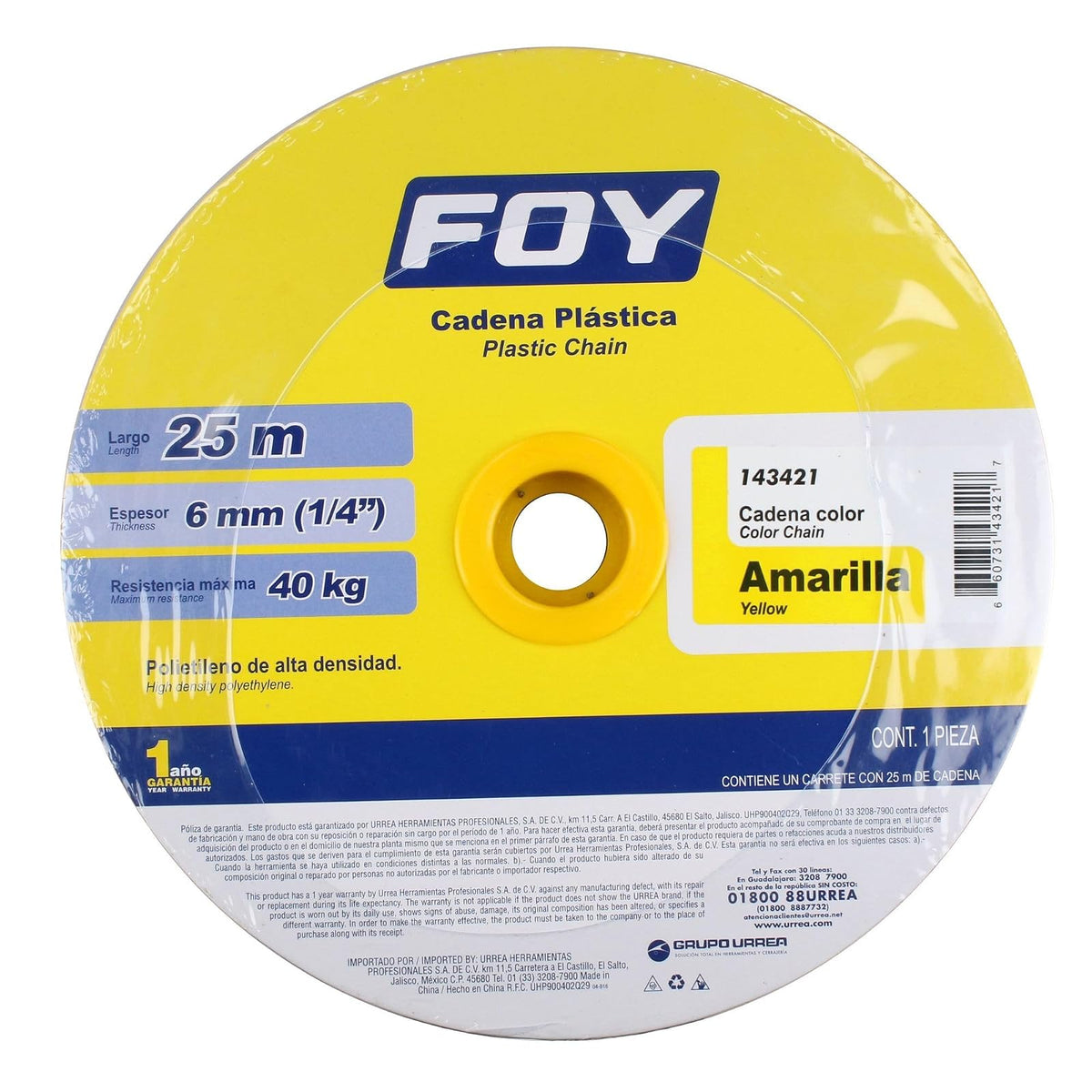 Foy 143421 Cadena plástica calibre 6 mm de 25 m, color amarillo