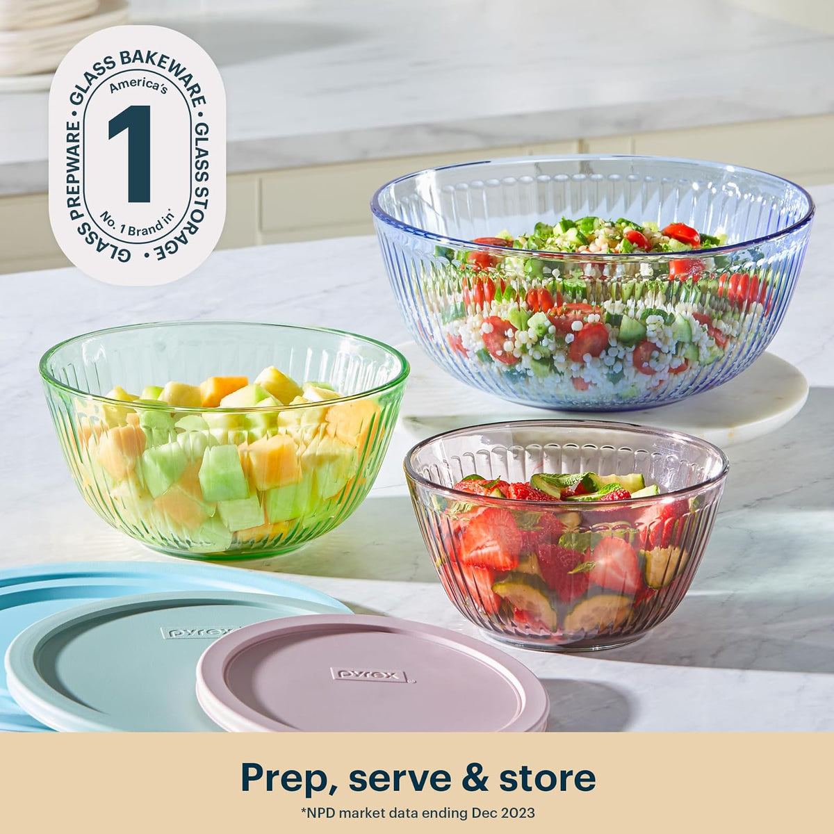 Pyrex Colors Tinted (paquete de 3, juego completo) cuencos para mezclar de vidrio tintado esculpido con tapas, juego de cuencos para ahorrar espacio para preparar y hornear, 1.3QT, 2.3QT y 4.5Q, azul