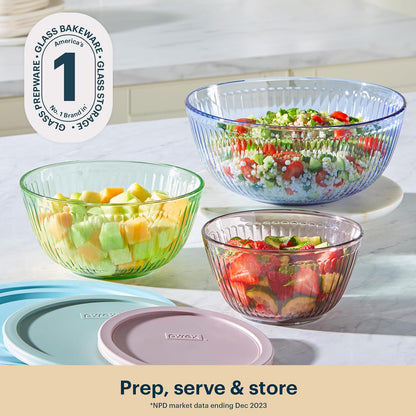 Pyrex Colors Tinted (paquete de 3, juego completo) cuencos para mezclar de vidrio tintado esculpido con tapas, juego de cuencos para ahorrar espacio para preparar y hornear, 1.3QT, 2.3QT y 4.5Q, azul