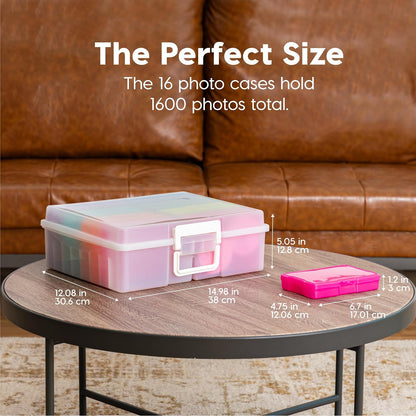 IRIS USA Caja Organizadora para Fotos, 16 Estuches, 2 Piezas, Perla/Multi | Compatible con fotos 4"x6", asa integrada, organizador para tareas, calcomanías, recortes y tarjetas didácticas