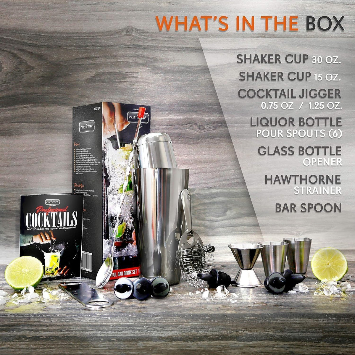 nutrichef Mixology Bartender Cocktail Shaker Set - 15 30 oz Stainless Steel Cocktail Bar Set Mix Drink Shaker Kit - Essentials Martini Making Kit Drink Mixing Starter Set - NCCS15PC (15 Piece Set)