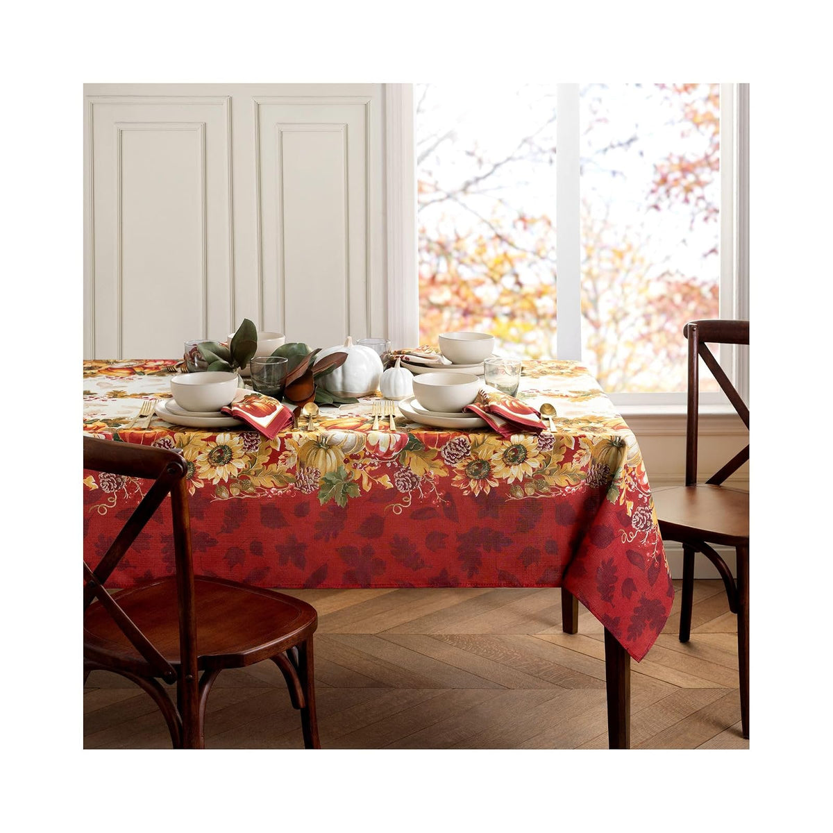 Elrene Home Fashions Mantel de otoño con Borde de Hojas balanceadas, Temporada y festividades, 60 x 144 Pulgadas, Rectangular/Multicolor