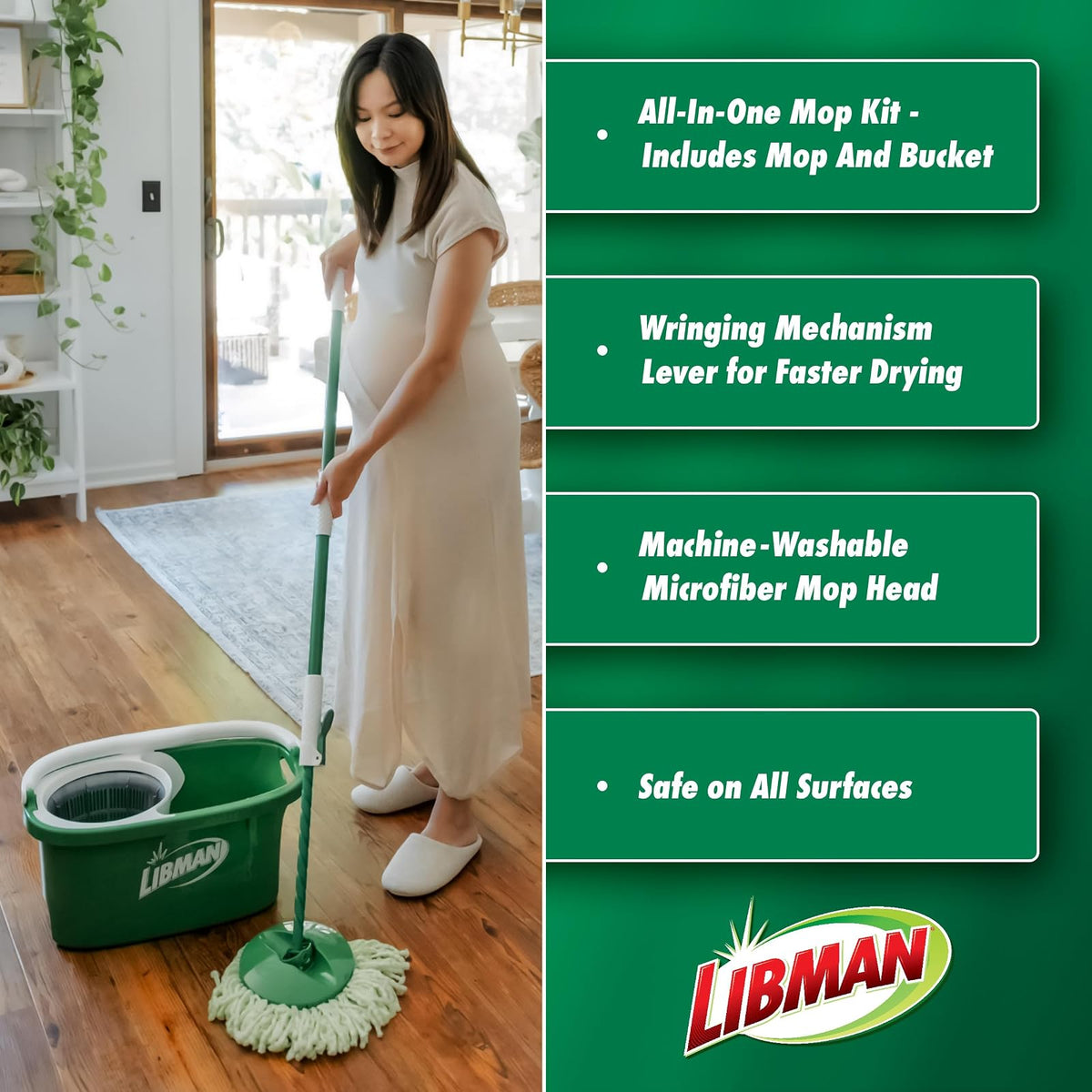Libman Tornado - Sistema de trapeador giratoria con 3 Cabezales de Recarga, trapeador giratoria de Microfibra y cubeta con Juego de escurridor para el hogar, Limpieza de Suelos de Madera Dura, Laminado,