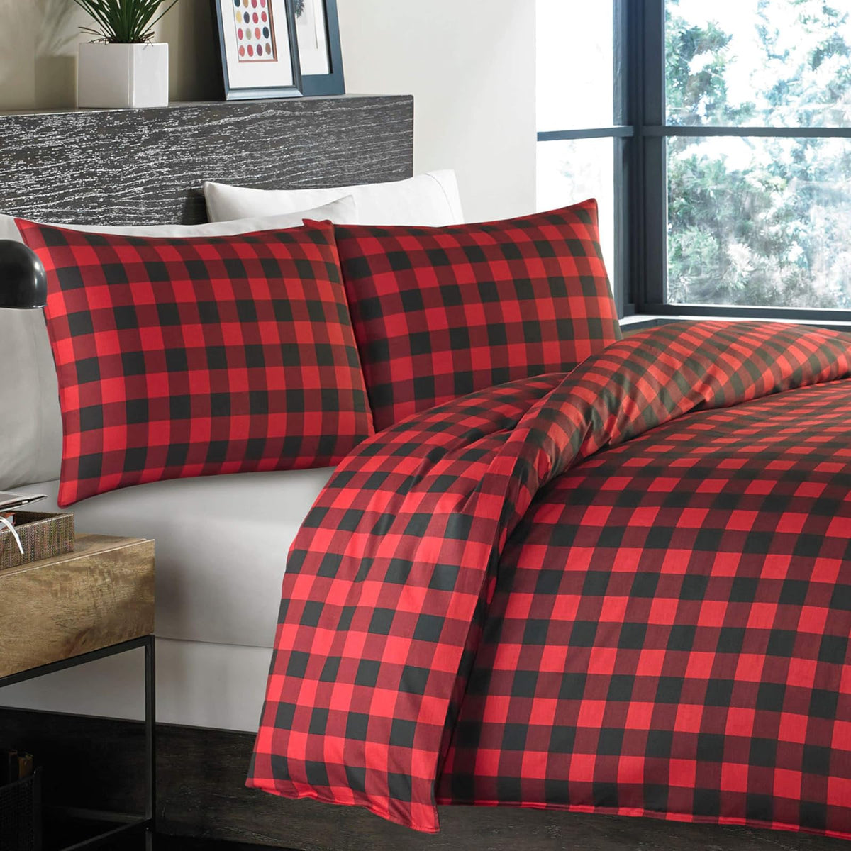 Eddie Bauer - Juego de Funda de edredón Individual, Cama Reversible de algodón, decoración del hogar a Cuadros de búfalo para Todas Las Estaciones (Rojo/Negro, Individual)