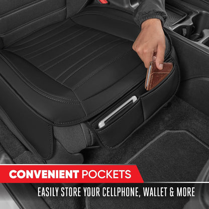 Motor Trend, Fundas de asiento para automóviles, camiones, SUV, piel sintética, paquete de 2, acolchadas en color negro con bolsillos de almacenamiento