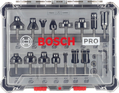 Bosch Juego de fresas mixto Standard vástago de 1/4" de 15 pzs | Para madera resinosa, madera dura, profesional accesorio de trituradoras de inmersión, fresa de araser