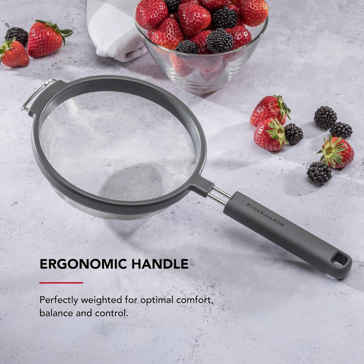 KitchenAid Colador de Acero Inoxidable | 14.1", cabeza ovalada de 7", mango ergonómico, apto para lavaplatos