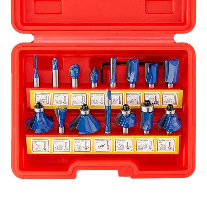 Hiltex Juego de Brocas para Router Carburo de Tungsteno - rojo - azul - 15 piezas - Juego Brocas