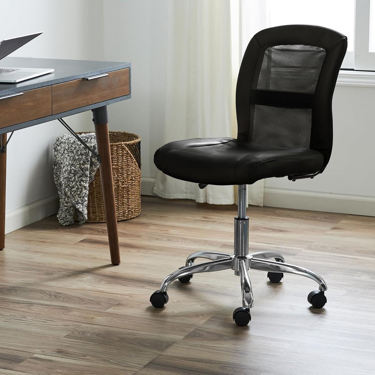Serta Essentials Ergonomic Armless Low-Back Computer Swivel Task Chair, Faux Leather and Mesh, Black