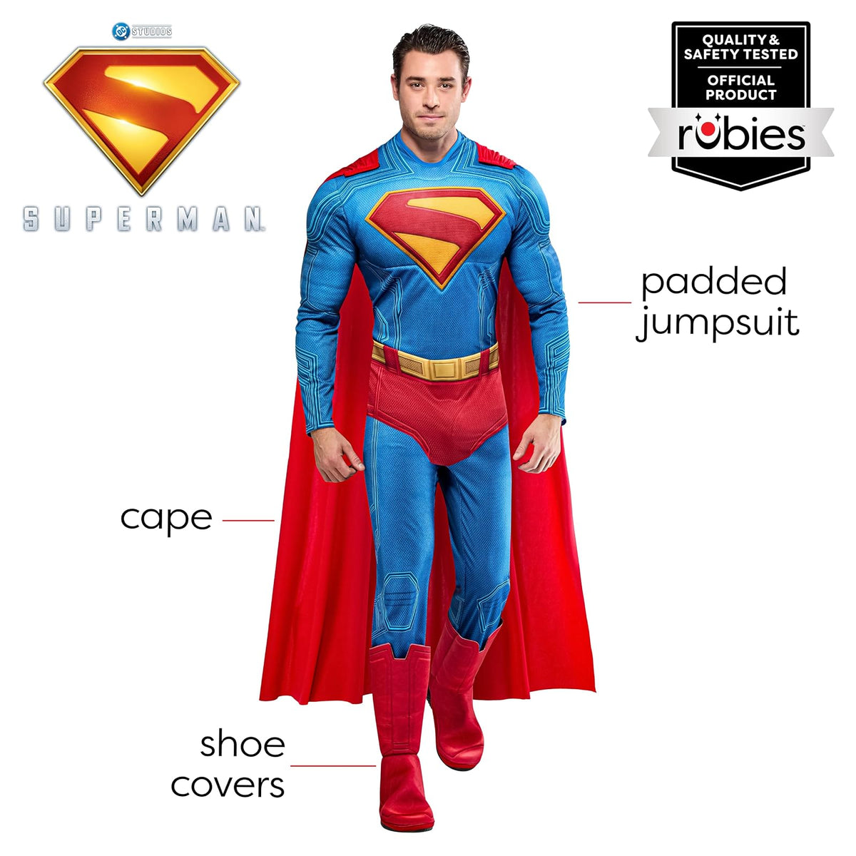 Rubies Superman - Disfraz de lujo para hombre, con fundas y capa, para Halloween y fiestas temáticas, talla L