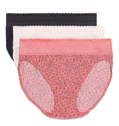 Warner's Pantaletas Deportivas de Microfibra con Encaje, Paquete 3 - Sunkissed Coral Crystal Web - Rosewater - Negro - 2XL