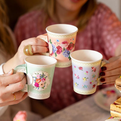 Juego de vajilla desechable para 16 invitados con diseño floral de tarde/té de tarde/fiesta para 16 invitados, bonito juego de platos de papel, servilletas para tazas de té, mantel para cumpleaños