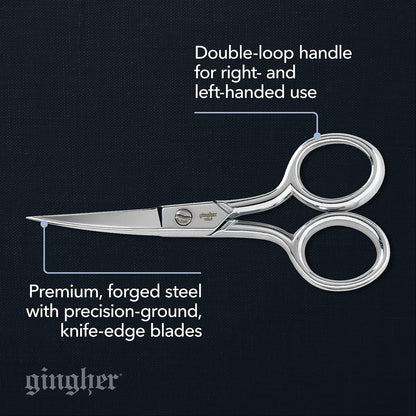 Gingher 4 Inch Curved Embroidery Scissors (01-005273) | Cortes precisos a través de costura y tela, tijeras de acero forjado afiladas, diseño ambidiestro, funda de piel