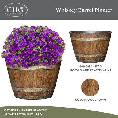 Whiskey Barrel Planter, Distressed Oak, 9" (Durable high density resin construction)