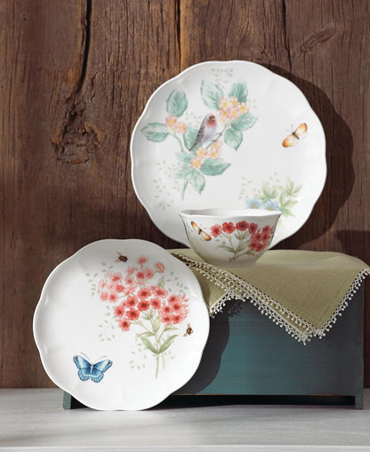 Lenox Vajilla Butterfly Meadow Flutter 12 Piezas para 4 Comensales, Porcelana Blanca, Diseños de Aves, Apta para Microondas