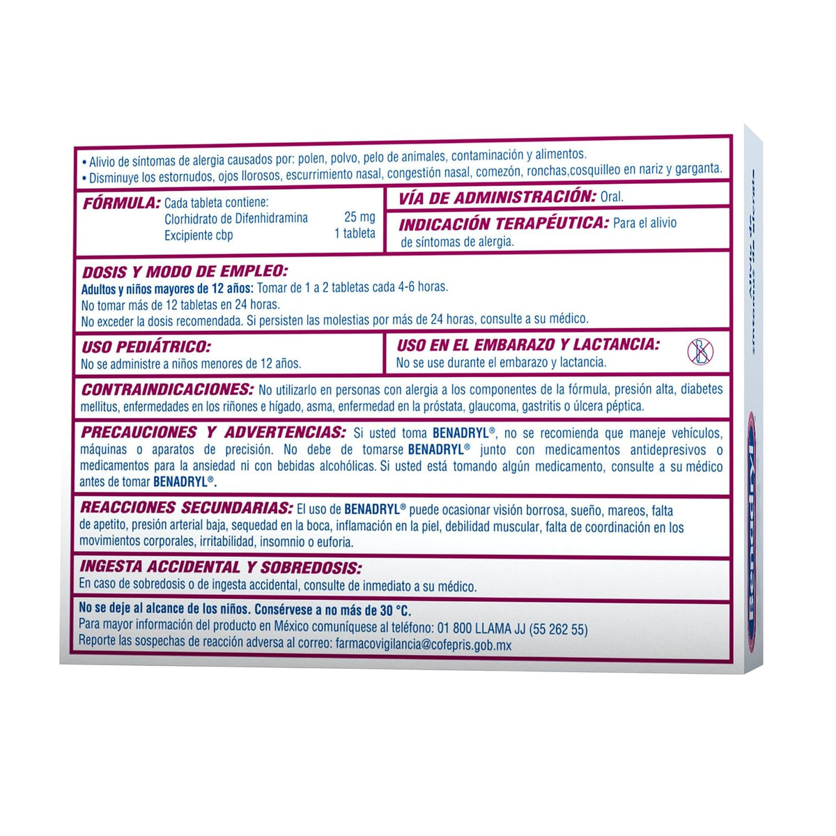 Benadryl, Antihistamínico 24 Tabletas 270 Mg