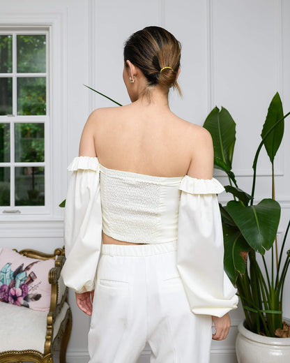 The Drop Top Para Mujer, Blanco Nube, Con Cuello Elástico Fruncido y Tirantes por @jessicawang