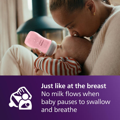 Philips Avent Biberón Natural Response con válvula anticólicos, color rosa, 9 oz/260 ml, 1 ml+, Flujo 3 Medio. 4 piezas, SCY903/14