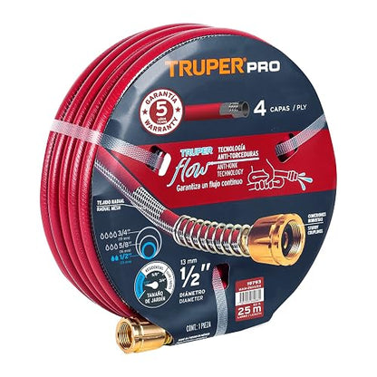 Truper MAN-25X1/2X, Manguera armada super reforzadas 4 capas, conexiones metálicas, 1/2", 25 m