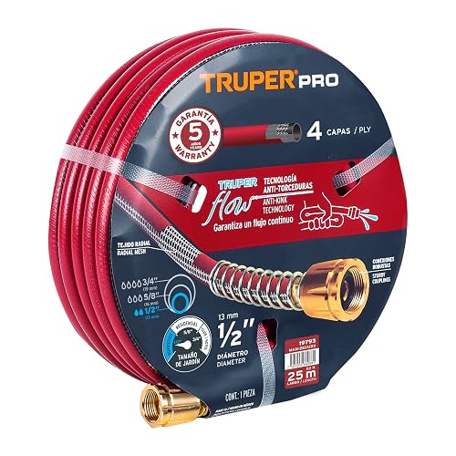 Truper MAN-25X1/2X, Manguera armada super reforzadas 4 capas, conexiones metálicas, 1/2", 25 m