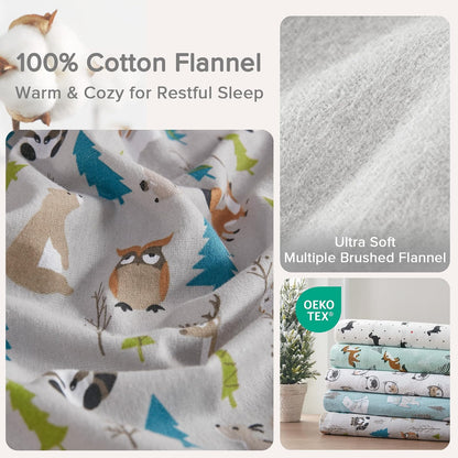 Comfort Spaces - Sábanas de Franela de algodón Transpirable y cálidas, con Bolsillo Profundo con Funda de Almohada, tamaño King, Varios Animales forestales, 4 Piezas