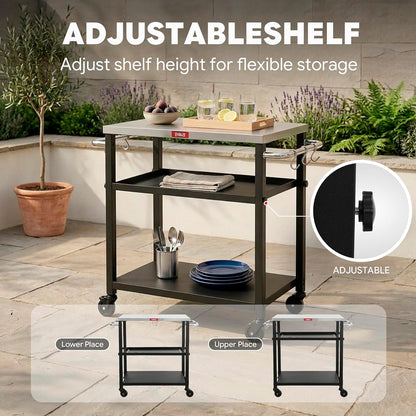 Feasto - Mesa de parrilla de 3 estantes, soporte para horno de pizza con estante ajustable, carro de parrilla móvil, para exterior, carrito de bar al aire última intervensión con ruedas, mesa de acero