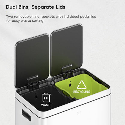 EKO Edison - Bote de basura doble de 8 + 8 galones para reciclaje y basura, bote de cocina de acero inoxidable con doble cubeta interior extraíble, tapas y pedales independientes, color blanco